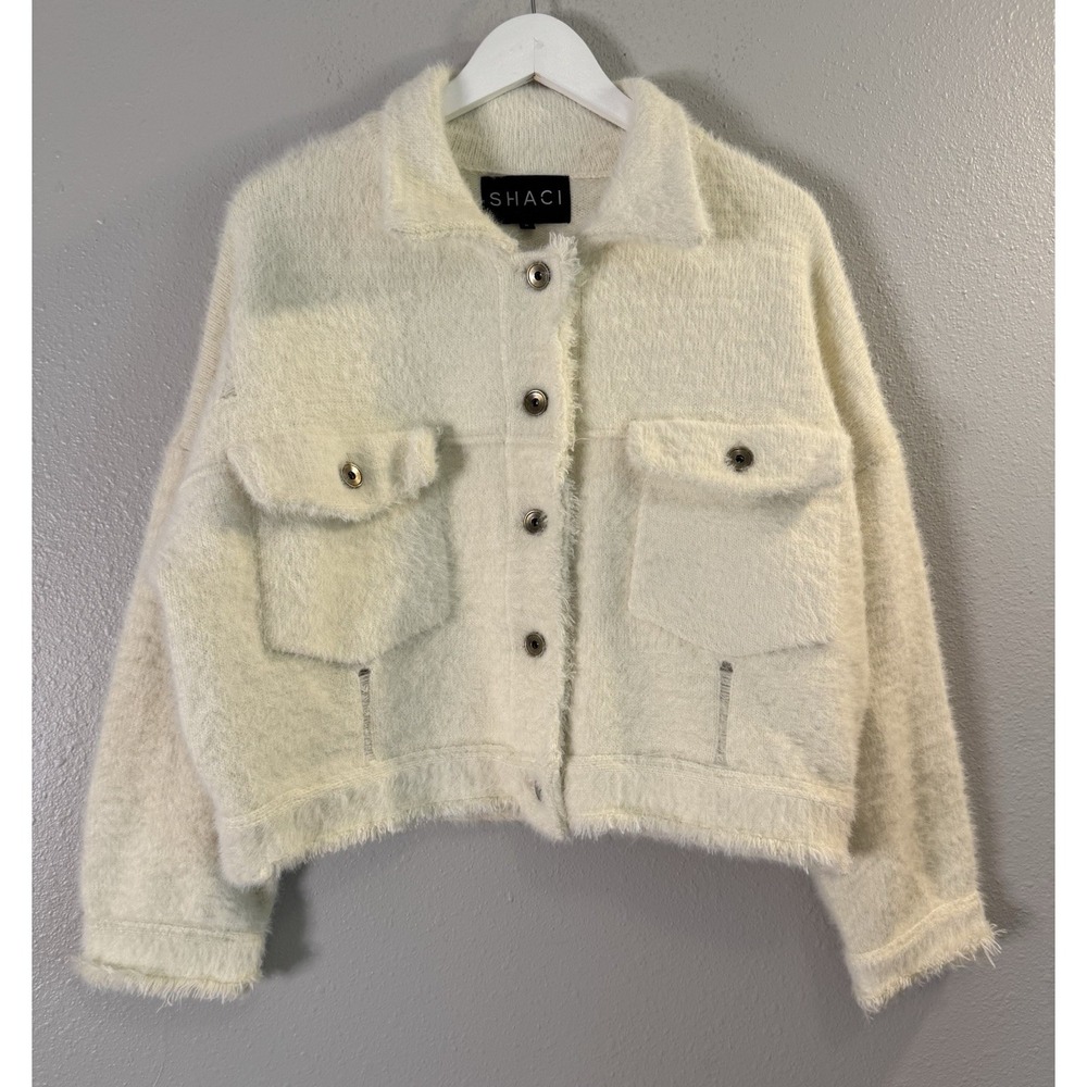 SHACI Blue Ivory Fuzzy Trucker Jacket S Oversized Distressed Shacket Grunge